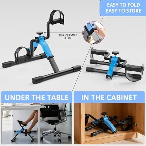 Person working at a desk while pedaling the folding exerciser beneath it