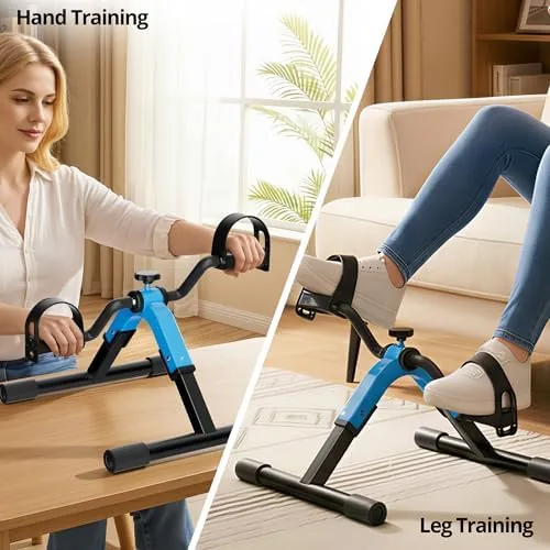 Folding pedal exerciser folded flat and leaning against a wall for storage