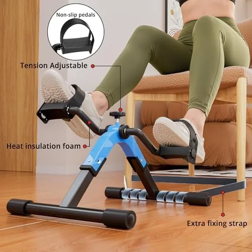 Senior user pedaling the exerciser from an armchair with the unit on a stable base