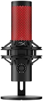HyperX QuadCast 2 microphone in black mounted on its desk stand