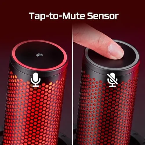 Streamer speaking into the QuadCast 2 with the LED ring glowing during a broadcast
