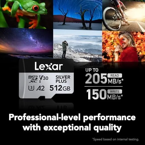 Close look at the Lexar 512GB Silver Plus Micro SD Card, 205MB/s Read, 4K build quality