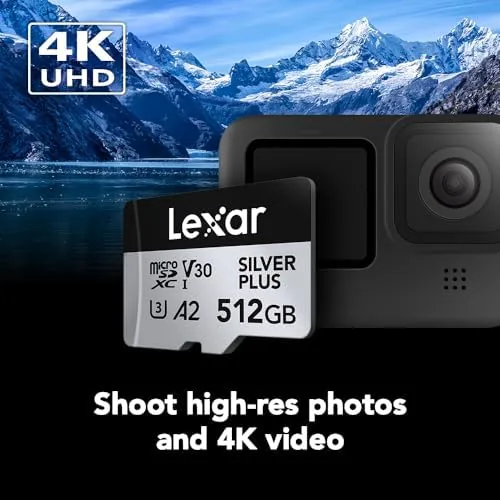 Detail shot of the Lexar 512GB Silver Plus Micro SD Card, 205MB/s Read, 4K features