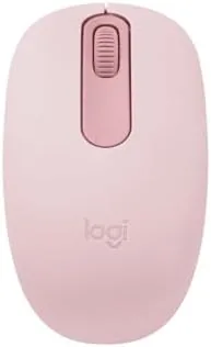 Logitech M196 mouse in rose color sitting on a desk next to a laptop