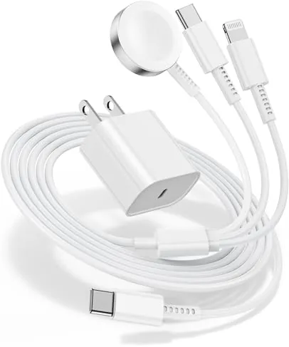 The 3 in 1 charging cable with the 20W USB C wall adapter on a nightstand
