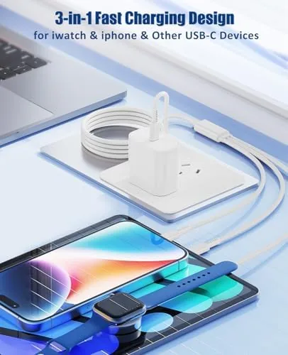 Close up of the braided cable and the magnetic watch charging puck