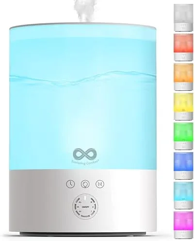 The white Everlasting Comfort 2.5L humidifier on a nightstand