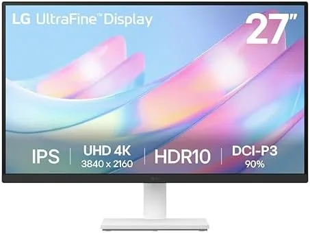 LG 27US500-W 27 inch 4K monitor in white on a home office desk