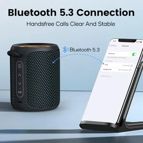 The speaker playing on a picnic table at a backyard cookout