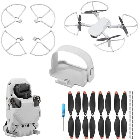 The propeller guard kit laid out with blades and holder beside a drone
