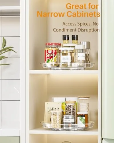 The turntable rotating inside a kitchen cabinet full of spices