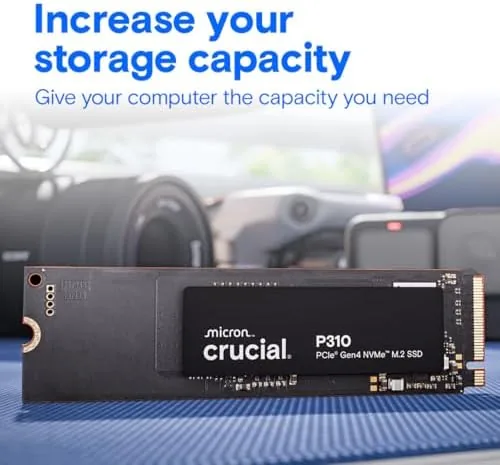 Detail shot of the Crucial P310 500GB SSD, PCIe Gen4 NVMe M.2 2280, Up features