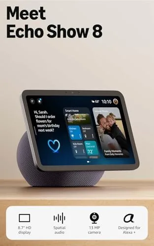 Amazon Echo Show 8 in Graphite on a living room shelf