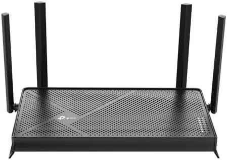 The TP-Link Archer BE230 router with its four antennas standing upright