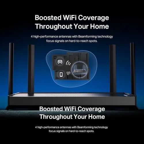 The router on a shelf in a living room with devices connected around the home