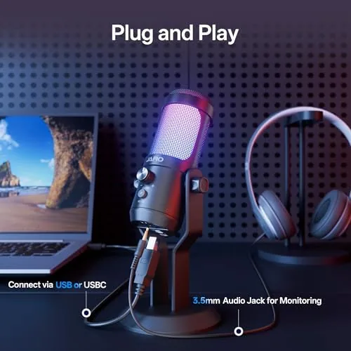 Another view of the JARO USB Condenser Microphone with Mute Noise Cancelation RGB for