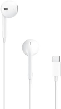 Apple EarPods with USB-C plug on a desk next to a phone