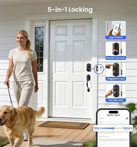 The Veise VE017 smart door lock on a front door in daylight