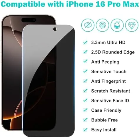 Close look at the PEHAEL for iPhone 16 Pro Max Privacy Screen Protector+Camera Lens build quality
