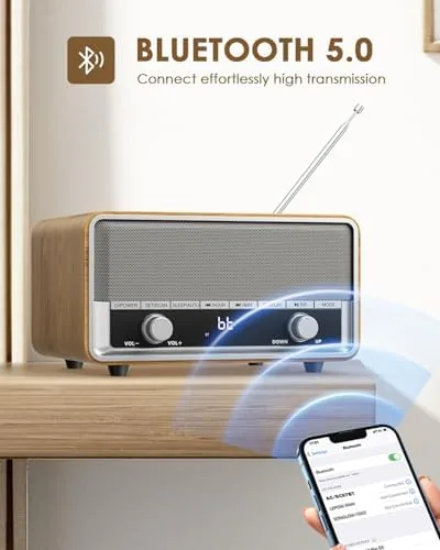 The Vintage Wood AM FM Bluetooth Radio with Clear LCD Display in real use