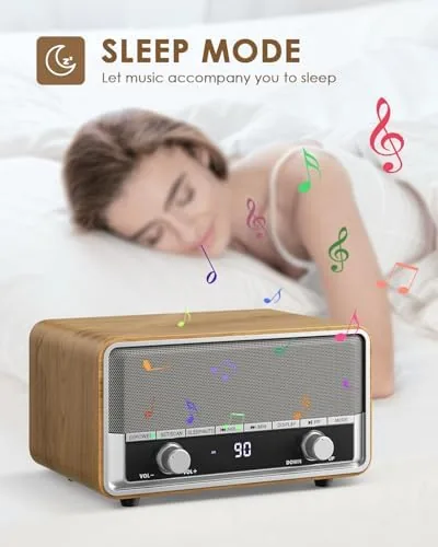 Another view of the Vintage Wood AM FM Bluetooth Radio with Clear LCD Display