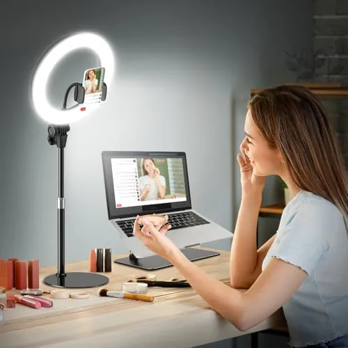 Overview of the 10'' Desk Ring Light with Stand ,  Zoom Lighting with