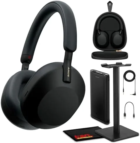 Sony WH-1000XM5 bundle with headphones and charging battery on a table