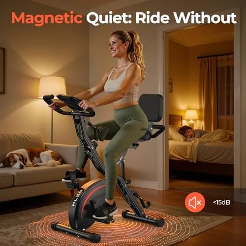 Pleny folding exercise bike folded and standing upright in a corner for storage