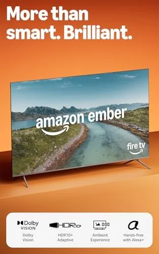 Amazon Ember 65 QLED television on a media stand in a bright family room