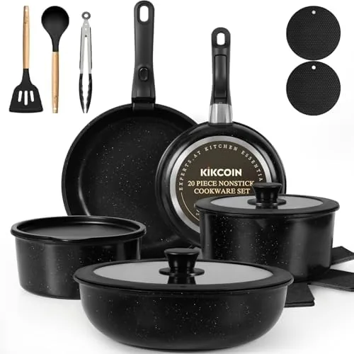 The KIKCOIN 20 piece cookware set arranged with one detachable handle attached to a frying pan