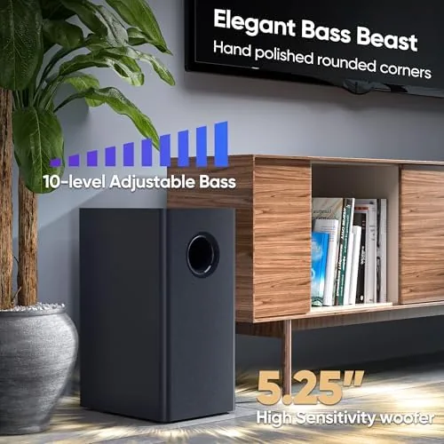 Detail shot of the Saiyin Sound Bar for Smart TV with Subwoofer, 100W Detachable features