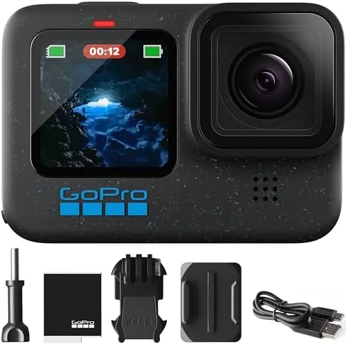 GoPro Hero12 Black mounted on a bike handlebar at a trailhead