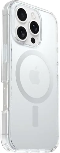 The iPhone 16 Pro in the clear Symmetry case on a desk in bright light