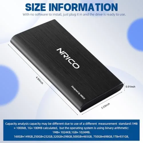 Detail shot of the NRICO Ultra Slim 500GB Portable External Hard Drive USB3.0 HDD features