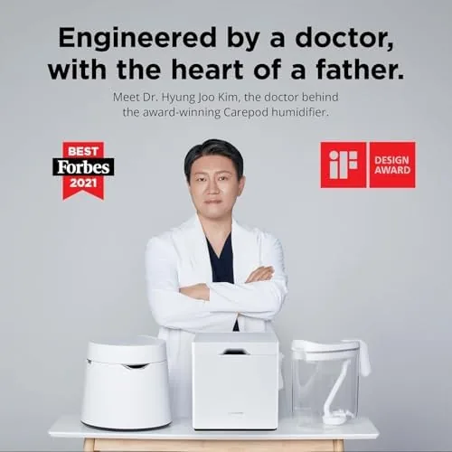 The Carepod humidifier running on a nightstand beside a bed