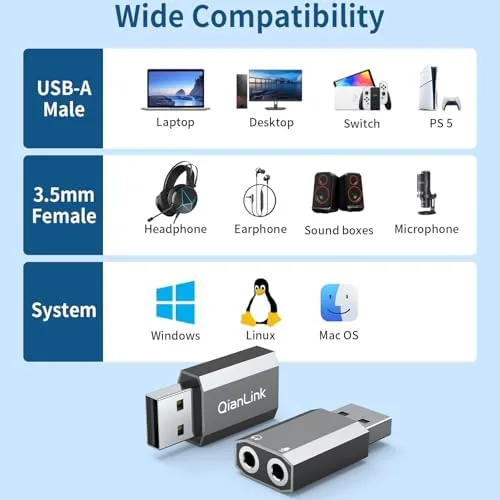 The QianLink USB to 3.5mm Audio Adapter (2-Pack),External Stereo Sound Card compared in context