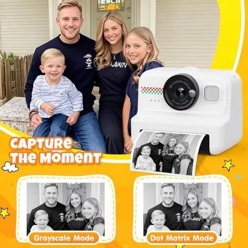 A child holding the camera with a printed photo of a garden in the other hand