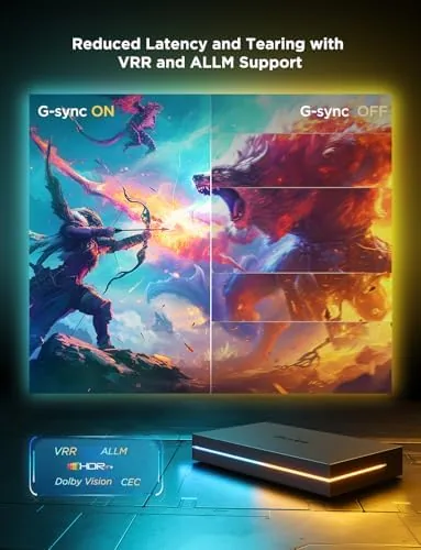 Detail shot of the Govee HDMI 2.1 AI Sync Box 2, 8K/4K @144Hz, RGBWIC features