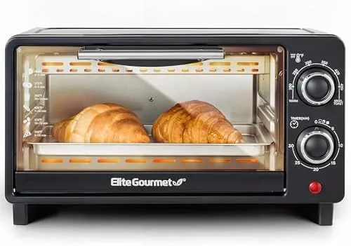 The Elite Gourmet ETO490 9L toaster oven on a kitchen counter