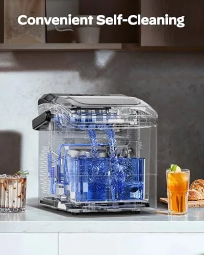 The HOMEZAY machine next to a tray and a larger nugget ice maker