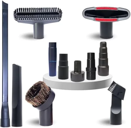 The full shop vac attachment kit laid out on a workbench
