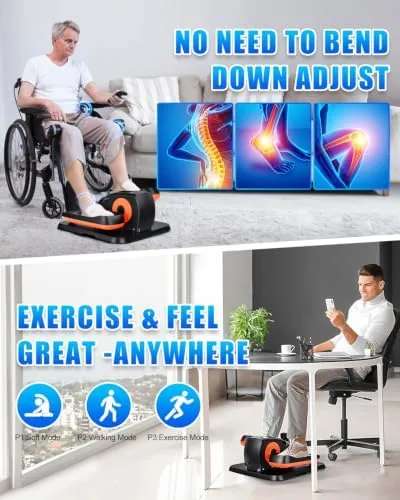 Machine placed under a desk with feet on the pedals