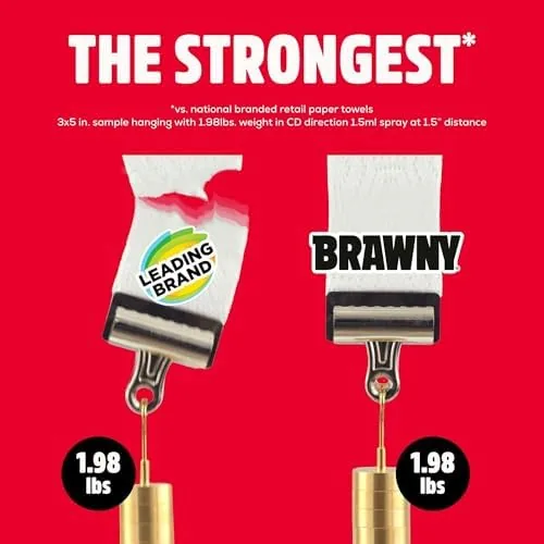 Comparison of Brawny Tear-A-Square sheets next to a basic single ply towel