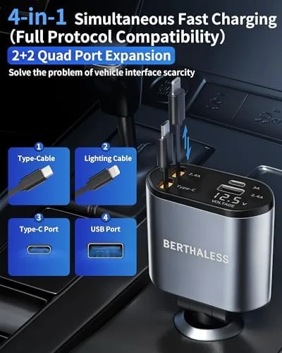 Another view of the Retractable Car Charger,4 in 1 Fast Charging Car Charger with