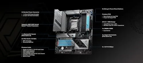 The motherboard installed in a test bench case with a Ryzen processor and graphics card