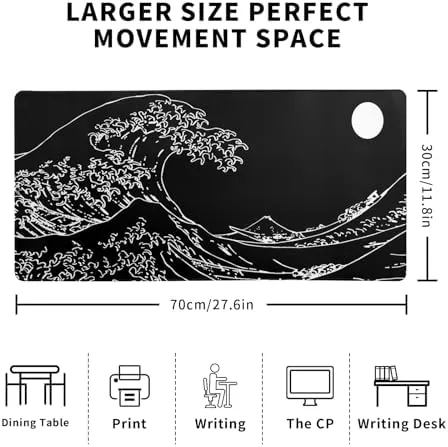 Close look at the Japanese Sea Wave Gaming Mouse Pad 27.6x11.8 Inch Anime Black build quality
