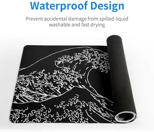The Japanese Sea Wave Gaming Mouse Pad 27.6x11.8 Inch Anime Black in real use