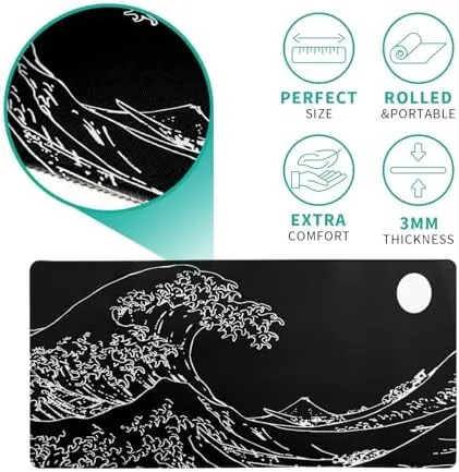 Another view of the Japanese Sea Wave Gaming Mouse Pad 27.6x11.8 Inch Anime Black