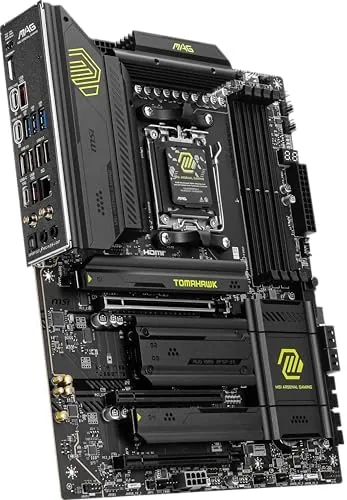 X870 Tomahawk next to a higher end X870E motherboard