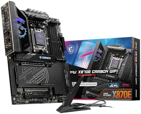 MSI MPG X870E Carbon WiFi motherboard on a build table